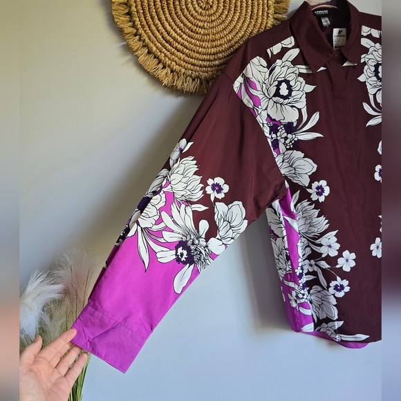 EXPRESS New Boyfriend Portofino Burgundy Floral Button Front Shirt SZ Medium - Picture 4 of 14